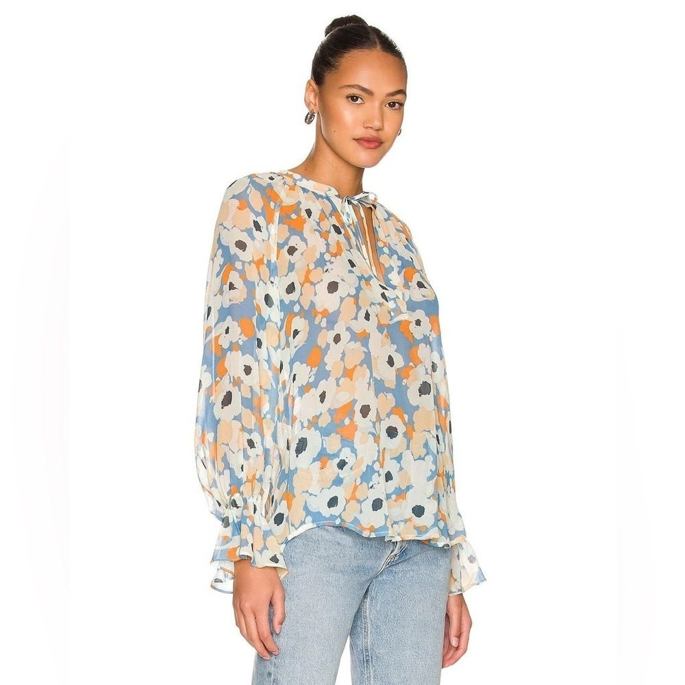 Joie Tie V Neck Elastic Cuff Long Sleeve Floral Fields Top Blouse